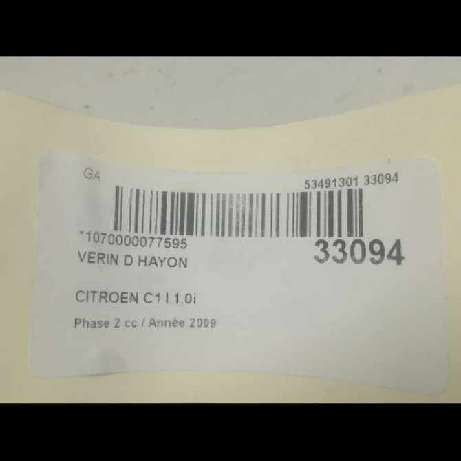 Verin droit hayon occasion CITROEN C1 I Phase 2 11-2008->01-2012 1.0i 2