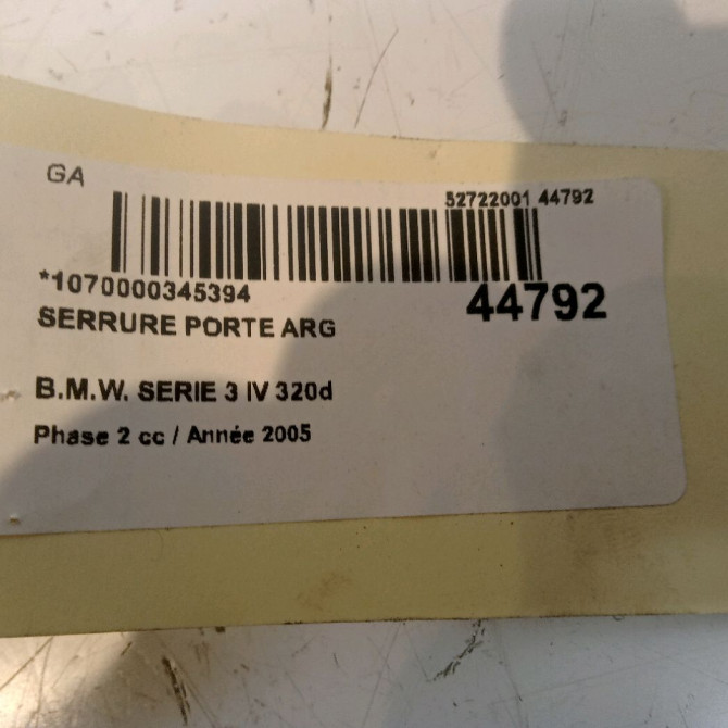 Serrure porte arg occasion B.M.W. SERIE 3 IV Phase 2 09-2001->03-2005 320d 51227011245 4