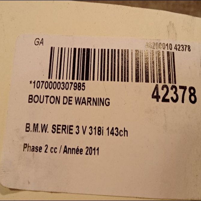 Bouton de warning occasion B.M.W. SERIE 3 V Phase 2 09-2008->12-2011 318i 143ch 3