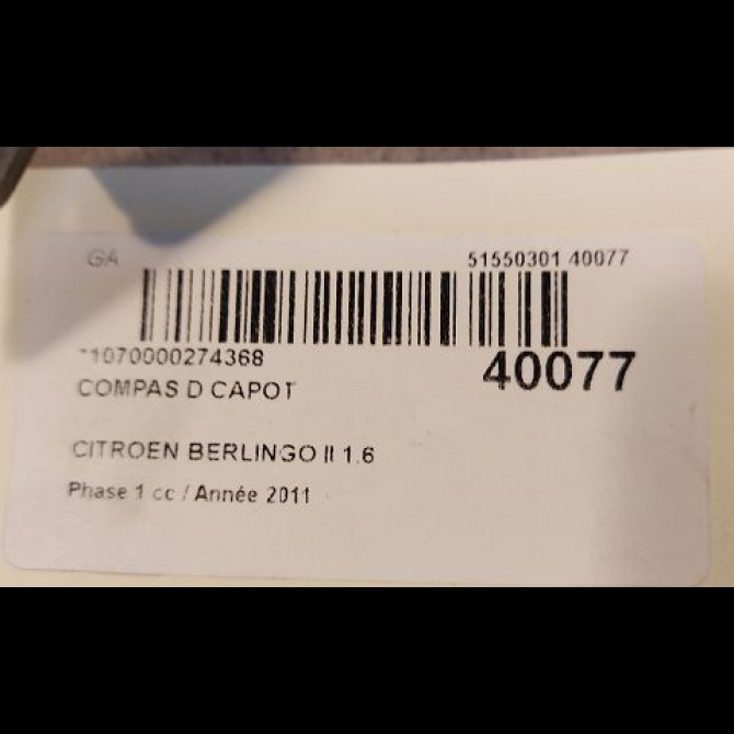 Compas d capot occasion CITROEN BERLINGO II Phase 1 05-2008->01-2012 1.6 HDi 8v 90ch 791345 2