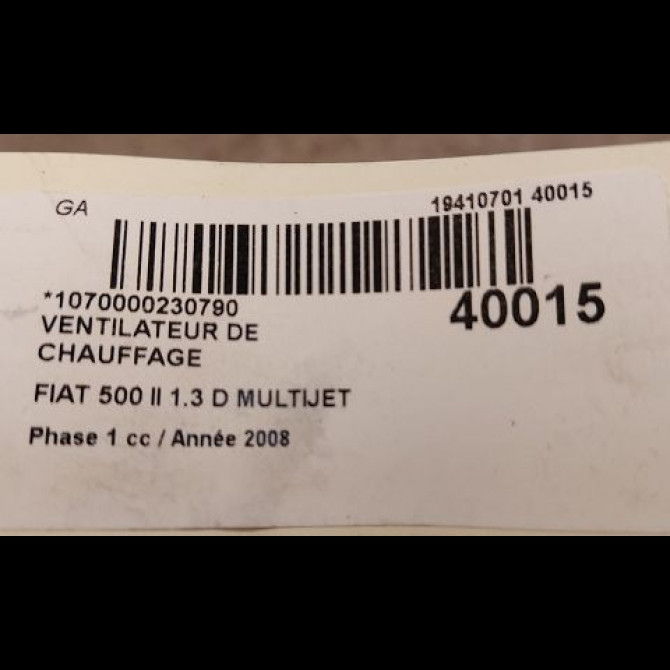 Ventilateur de chauffage occasion FIAT 500 II 500 II Phase 1 2007-07-01->2016-03-31 1.3 D MULTIJET 16v 75ch 3