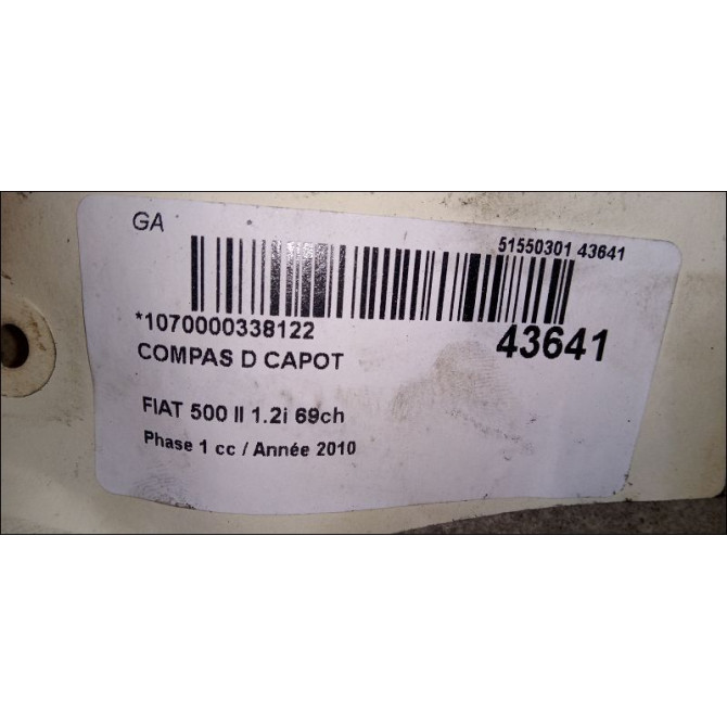 Compas d capot occasion FIAT 500 II 500 II Phase 1 2007-07-01->2016-03-31 1.2i 69ch 52009416 2