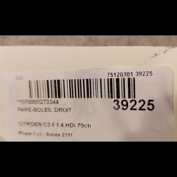 Pare-soleil droit occasion CITROEN C3 II Phase 1 11-2009->02-2013 1.4 HDi 70ch 16121658BJ 3
