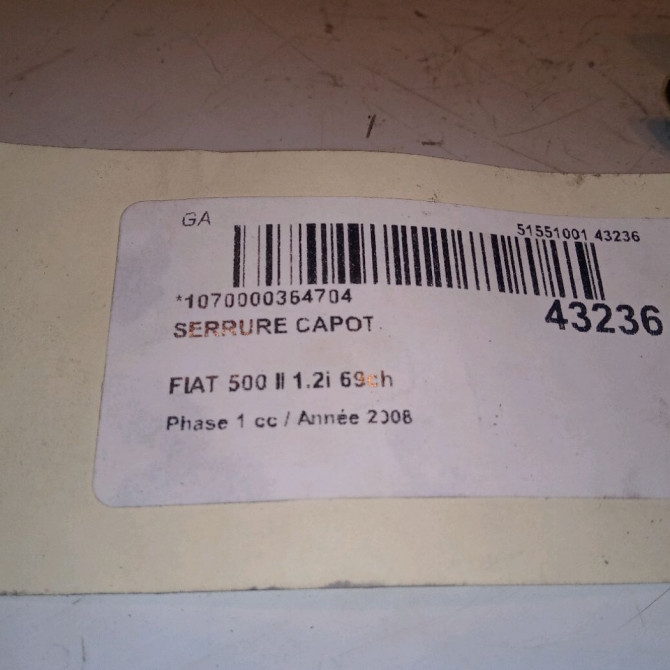 Serrure capot occasion FIAT 500 II 500 II Phase 1 2007-07-01->2016-03-31 1.2i 69ch 51785174 3