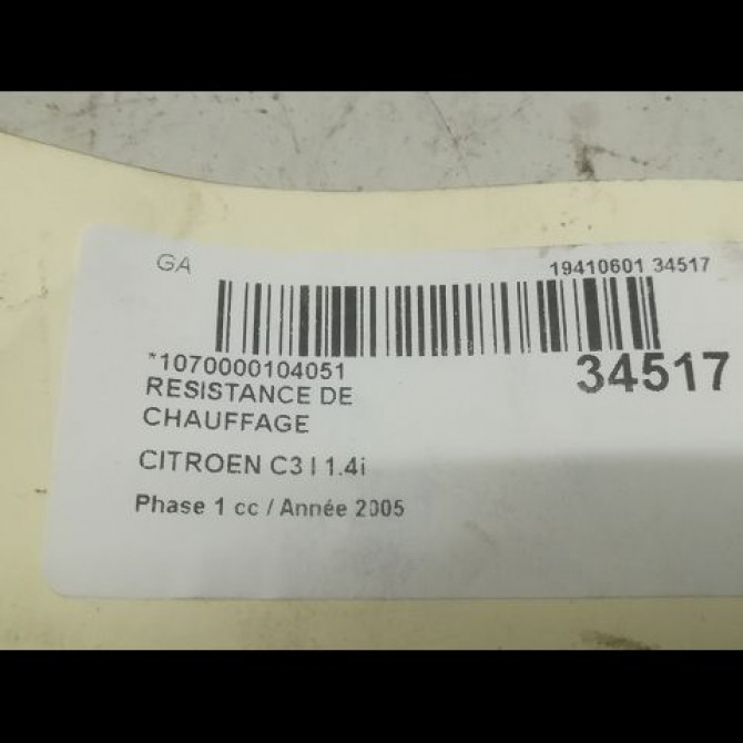 Resistance de chauffage occasion CITROEN C3 I Phase 1 04-2002->10-2005 1.4i 3