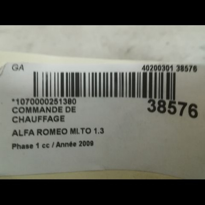 Commande de chauffage occasion ALFA ROMEO MI.TO MI.TO Phase 1 2008-09-01->2016-12-31 1.3 JTDM 85ch 156083331 3