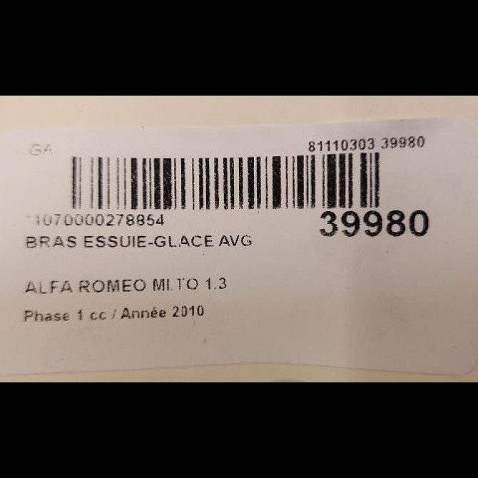Bras essuie-glace avant gauche occasion ALFA ROMEO MI.TO MI.TO Phase 1 2008-09-01->2016-12-31 1.3 JTDM 95ch 50521548 3