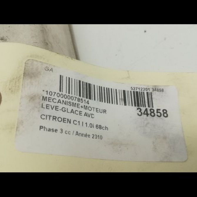 Mecanisme + moteur lève-glace avant droit occasion CITROEN C1 I Phase 3 01-2012->08-2014 1.0i 68ch 9222T6 4
