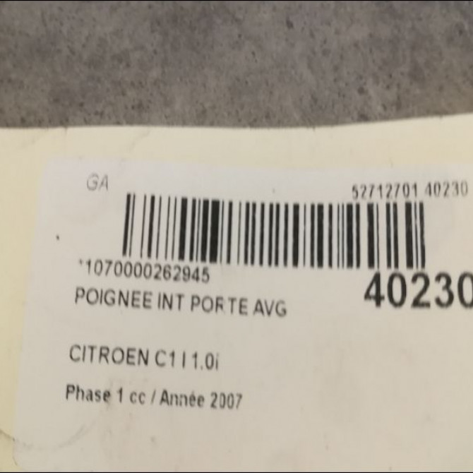 Poignee int porte avg occasion CITROEN C1 I Phase 1 06-2005->11-2008 1.0i 9143K9 2