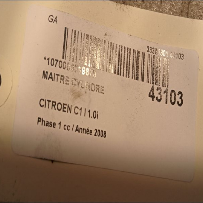 Maitre cylindre occasion CITROEN C1 I Phase 1 06-2005->11-2008 1.0i 4601R3 2
