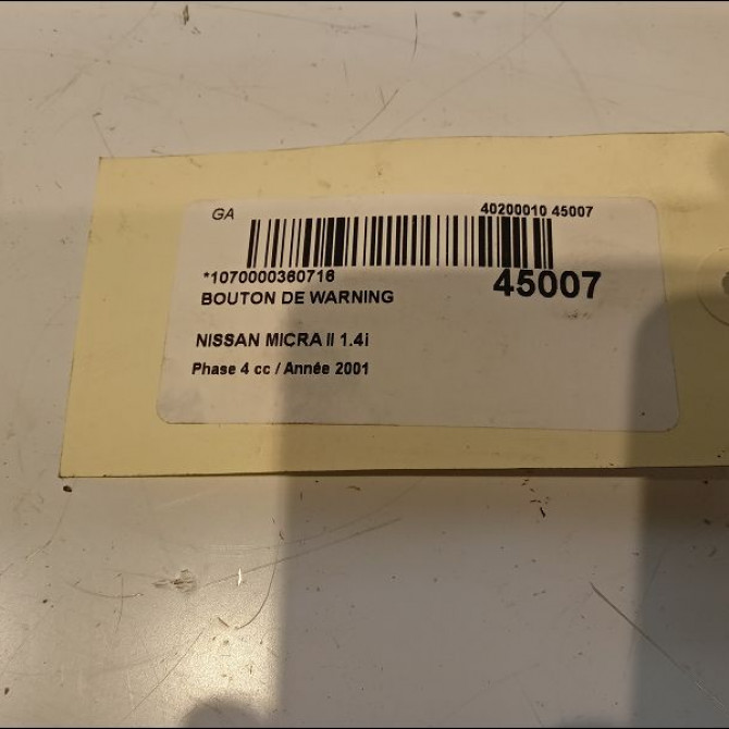 Bouton de warning occasion NISSAN MICRA II Phase 4 09-2000->03-2003 1.4i 252901F500 2
