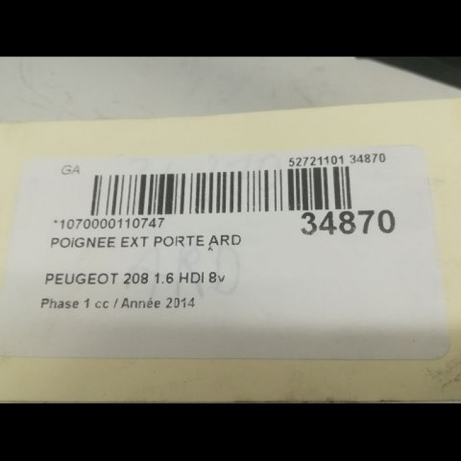 Poignee ext porte ard occasion PEUGEOT 208 208 Phase 1 2012-03-01->2015-09-30 1.6 HDI 8v 115ch 9101GH 3