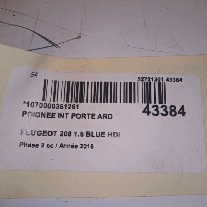 Poignee int porte ard occasion PEUGEOT 208 Phase 2 04-2015->... 1.6 BLUE HDI 100ch 96555516VV 4