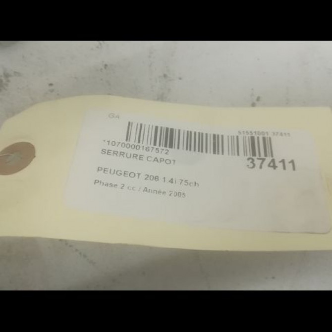 Serrure capot occasion PEUGEOT 206 Phase 2 02-2003->02-2009 1.4i 75ch 793449 2
