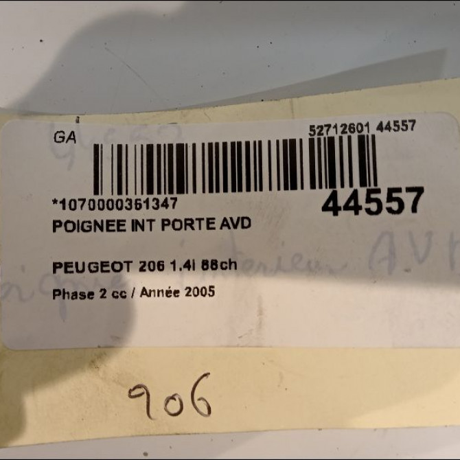 Poignee int porte avd occasion PEUGEOT 206 Phase 2 02-2003->02-2009 1.4i 88ch 914480 2
