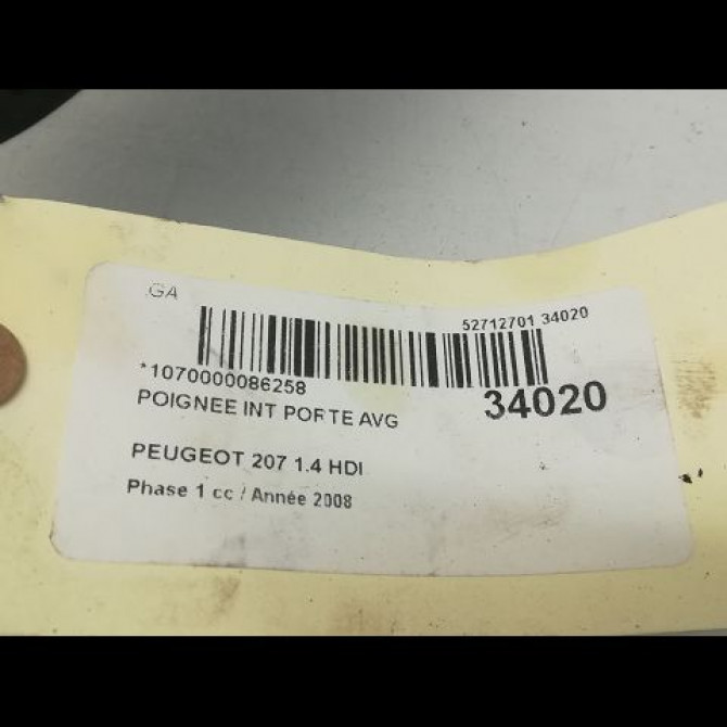 Poignee int porte avg occasion PEUGEOT 207 Phase 1 04-2006->06-2013 1.4 HDI 9143N7 3