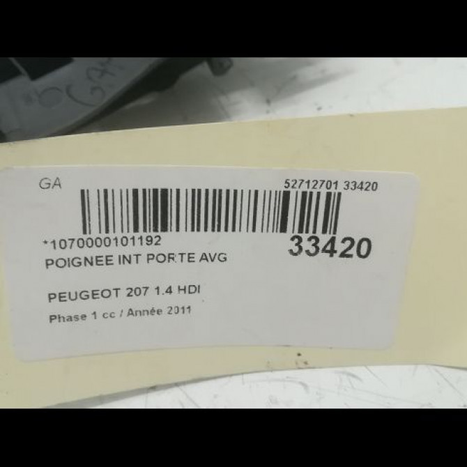 Poignee int porte avg occasion PEUGEOT 207 Phase 1 04-2006->06-2013 1.4 HDI 9143L8 3