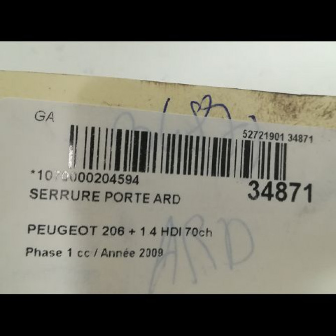 Serrure porte ard occasion PEUGEOT 206 + Phase 1 03-2009->05-2013 1.4 HDI 70ch 9138J0 3