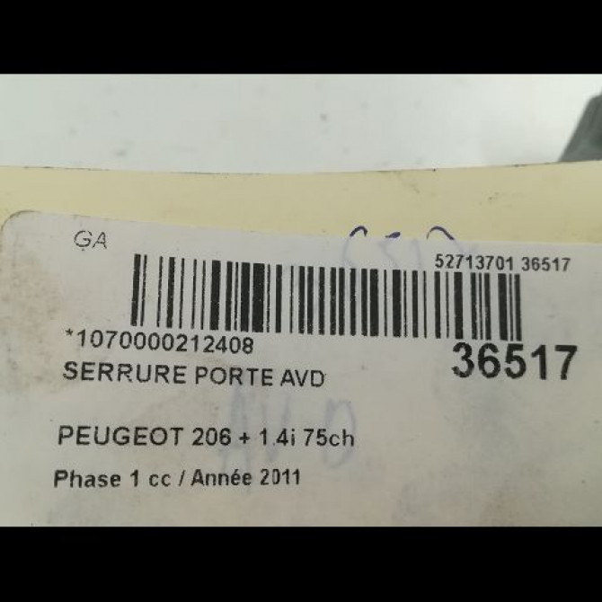 Serrure porte avd occasion PEUGEOT 206 + Phase 1 03-2009->05-2013 1.4i 75ch 9136S7 3