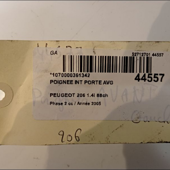 Poignee int porte avg occasion PEUGEOT 206 Phase 2 02-2003->02-2009 1.4i 88ch 9143A4 2