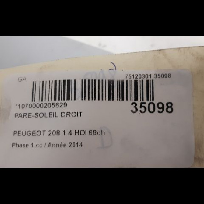Pare-soleil droit occasion PEUGEOT 208 208 Phase 1 2012-03-01->2015-09-30 1.4 HDI 68ch 16079196PR 3