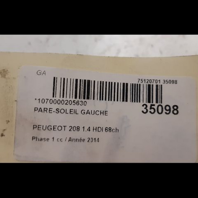 Pare-soleil gauche occasion PEUGEOT 208 208 Phase 1 2012-03-01->2015-09-30 1.4 HDI 68ch 16079196PR 3