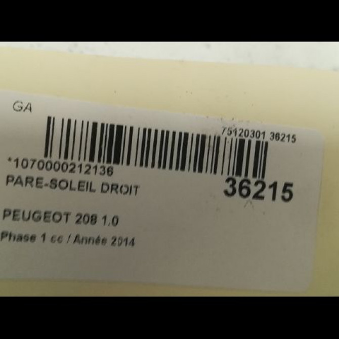 Pare-soleil droit occasion PEUGEOT 208 208 Phase 1 2012-03-01->2015-09-30 1.0 PURETECH 68ch 16079196PR 3