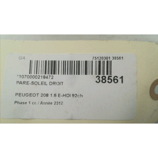 Pare-soleil droit occasion PEUGEOT 208 208 Phase 1 2012-03-01->2015-09-30 1.6 E-HDI 92ch 16079196PR 3