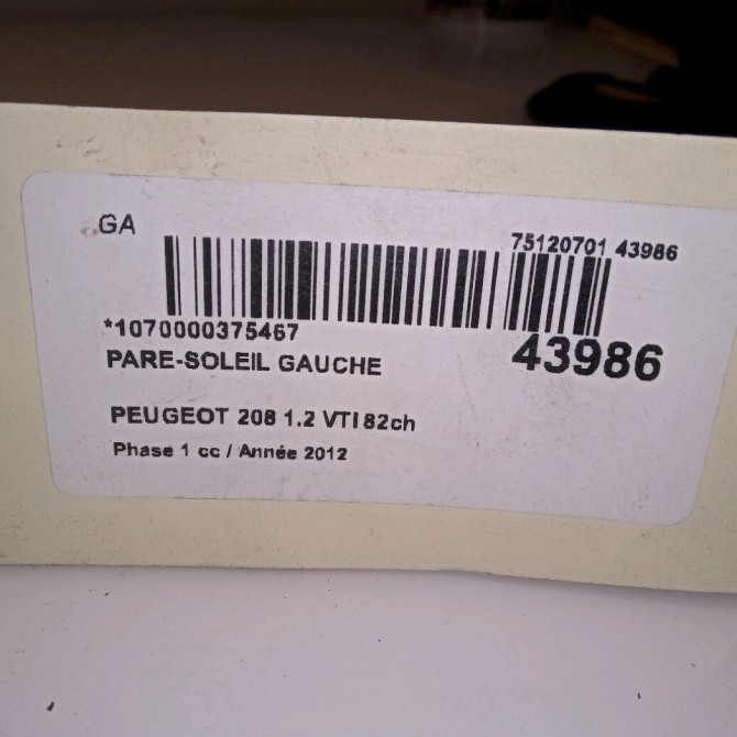 Pare-soleil gauche occasion PEUGEOT 208 208 Phase 1 2012-03-01->2015-09-30 1.2 VTI 82ch 4