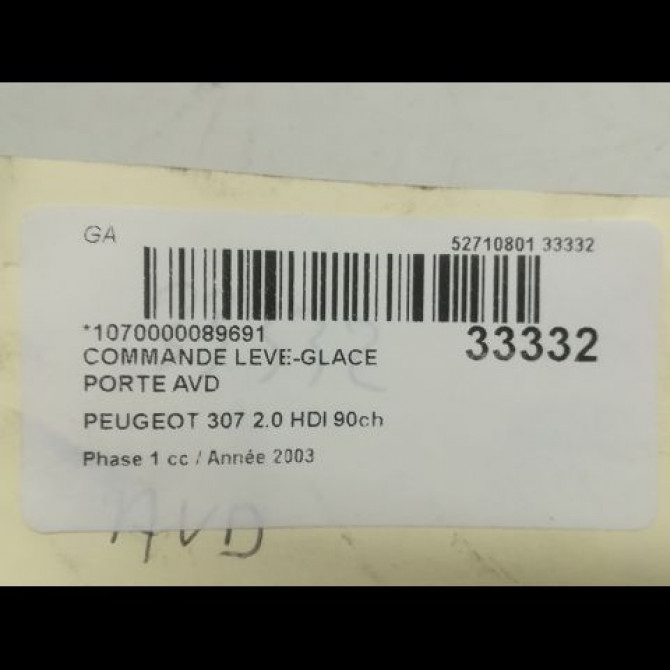 Commande lève-glace porte avant droite occasion PEUGEOT 307 Phase 1 04-2001->06-2005 2.0 HDI 90ch 6554E7 3