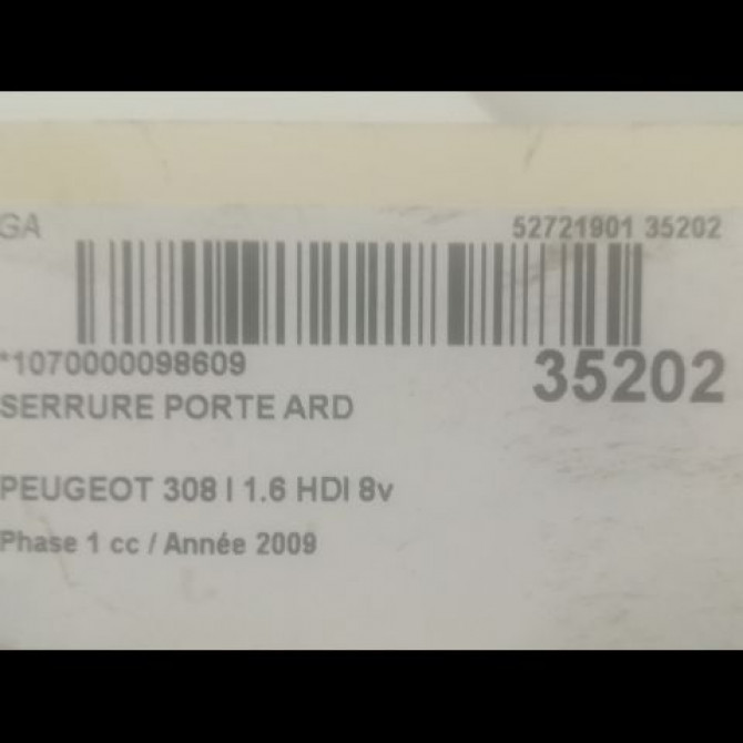 Serrure porte ard occasion PEUGEOT 308 I Phase 1 09-2007->03-2011 1.6 HDI 8v 90ch 9800617280 4