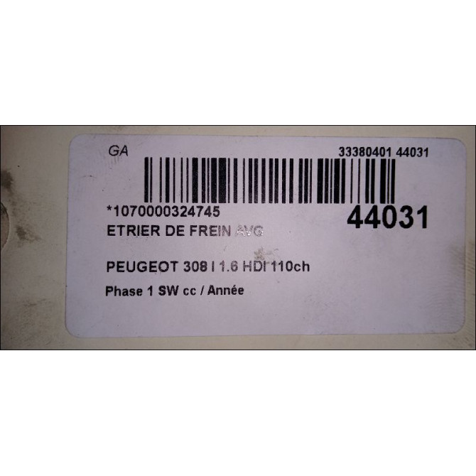 Etrier de frein avant gauche occasion PEUGEOT 308 I Phase 1 SW 05-2008->03-2011 1.6 HDI 110ch 4401N8 3