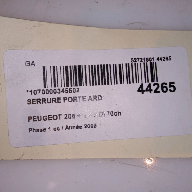 Serrure porte ard occasion PEUGEOT 206 + Phase 1 03-2009->05-2013 1.4 HDI 70ch 9138J0 4