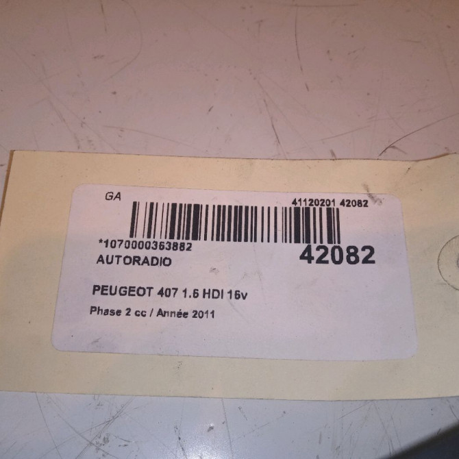Autoradio occasion PEUGEOT 407 Phase 2 07-2008->04-2011 1.6 HDI 16v 110ch 4