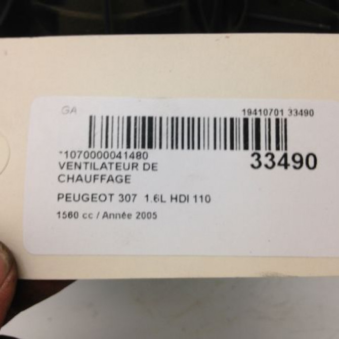 Ventilateur de chauffage occasion PEUGEOT 307 Phase 1 04-2001->06-2005 1.6 HDI 16v 110ch 6441T8 4