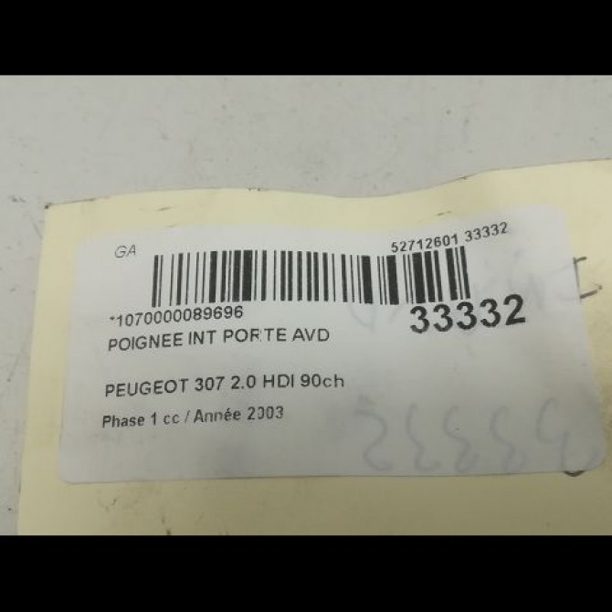 Poignee int porte avd occasion PEUGEOT 307 Phase 1 04-2001->06-2005 2.0 HDI 90ch 9143F5 3