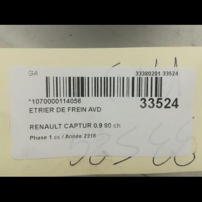 Etrier de frein avant droit occasion RENAULT CAPTUR Phase 1 02-2013->... 0.9 90 ch 7701208333 3