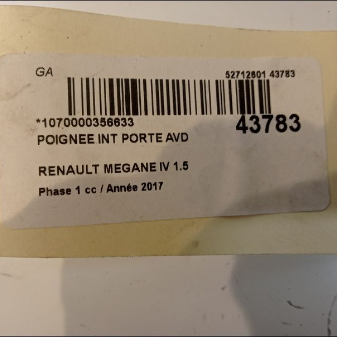 Poignee int porte avd occasion RENAULT MEGANE IV Phase 1 12-2015->... 1.5 DCI 8v 110ch 826723233R 3