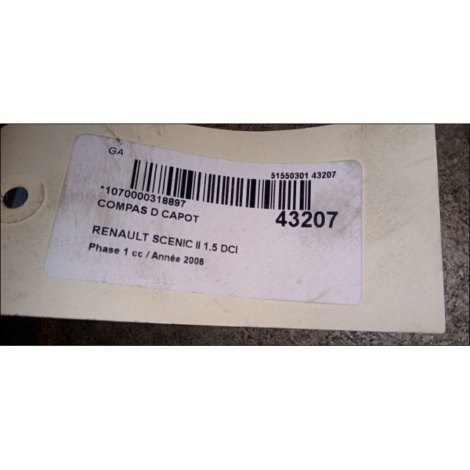 Compas d capot occasion RENAULT SCENIC II Phase 1 03-2004->09-2006 1.5 DCI 105ch 8200081663 2