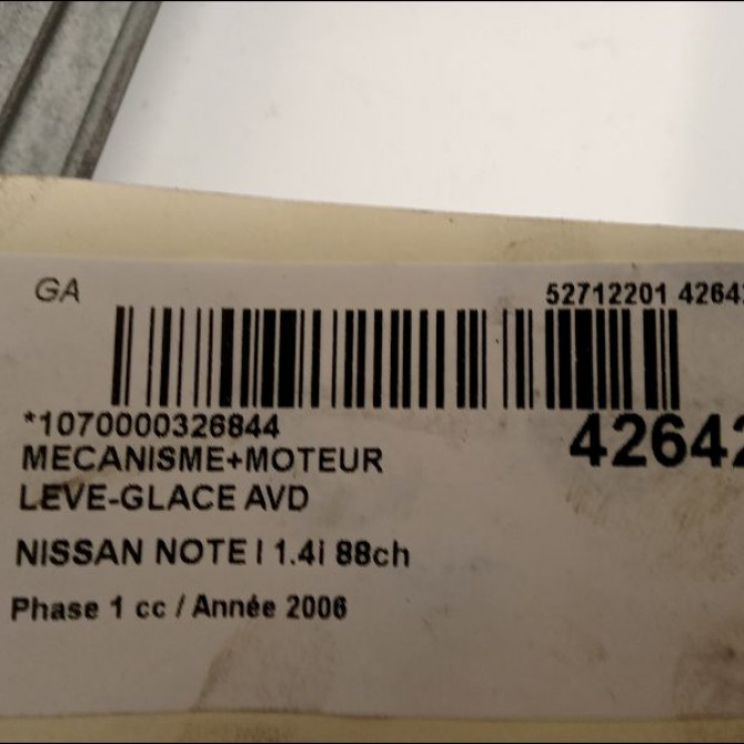 Mecanisme + moteur lève-glace avant droit occasion NISSAN NOTE I Phase 1 03-2006->03-2009 1.4i 88ch 807009U00D 3