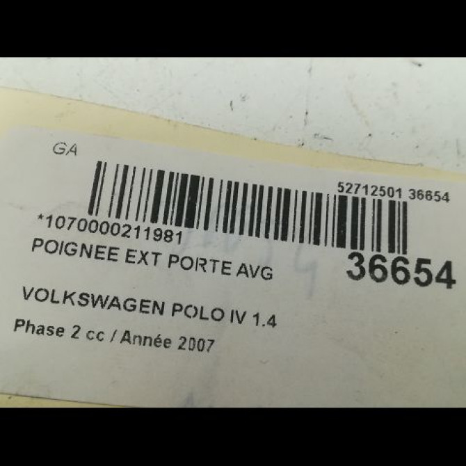 Poignee ext porte avg occasion VOLKSWAGEN POLO IV Phase 2 05-2005->09-2009 1.4 TDI 80ch 3B0837207GGRU 3