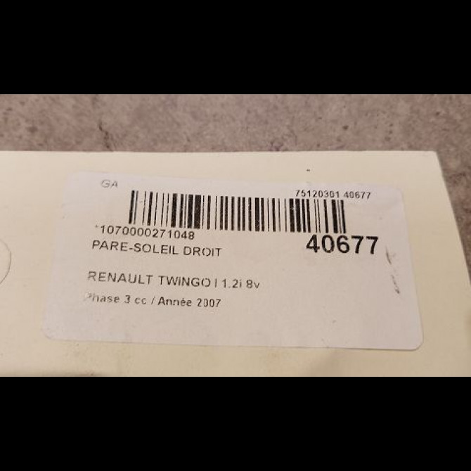 Pare-soleil droit occasion RENAULT TWINGO I Phase 3 08-2000->06-2007 1.2i 8v 60ch 8200190789 3
