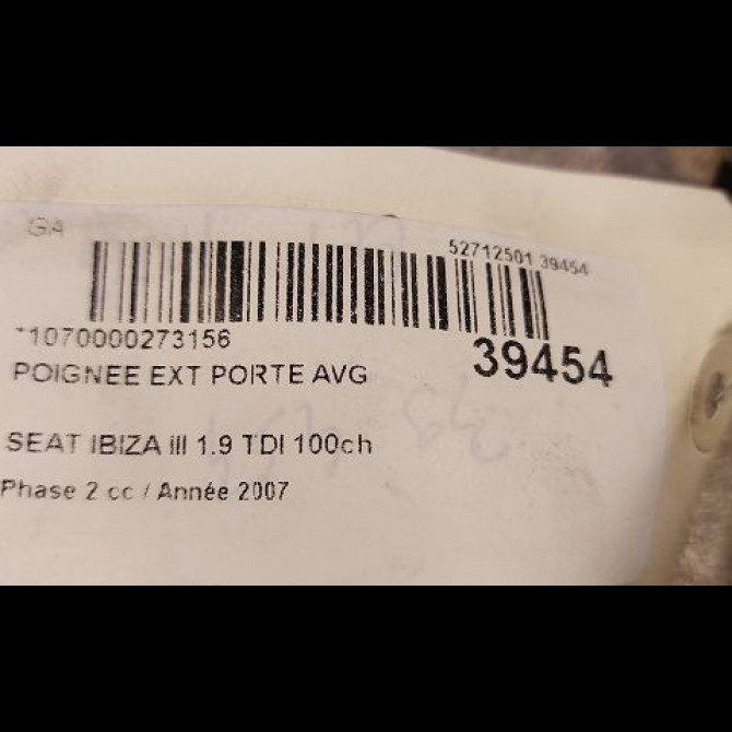 Poignee ext porte avg occasion SEAT IBIZA III Phase 2 03-2006->06-2009 1.9 TDI 100ch 3B0837207GGRU 2