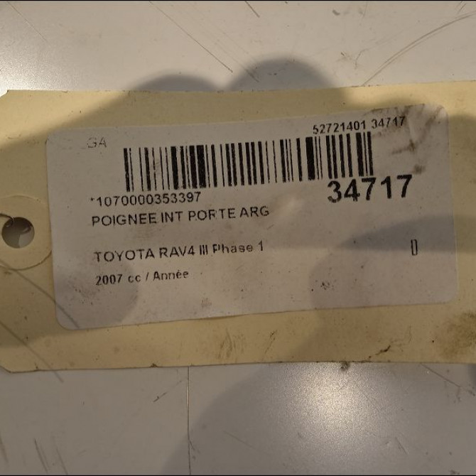 Poignee int porte arg occasion TOYOTA RAV4 III Phase 1 02-2006->11-2009 6920633100B0 2