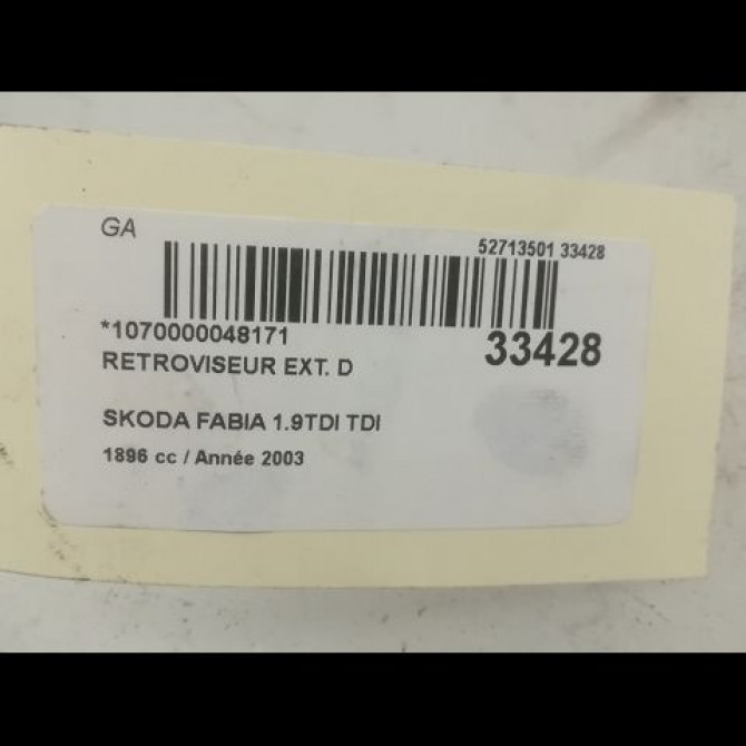 Retroviseur exterieur manuel droit occasion SKODA FABIA I FABIA I Phase 1 2000-04-01->2004-09-30 1.9 TDI 100ch 6Y1857502BEGRU 3