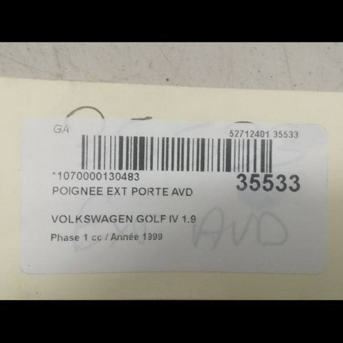Poignee ext porte avd occasion VOLKSWAGEN GOLF IV GOLF IV Phase 1 1998-01-01->2005-06-30 1.9 TDI 110ch 3B0837207GGRU 3