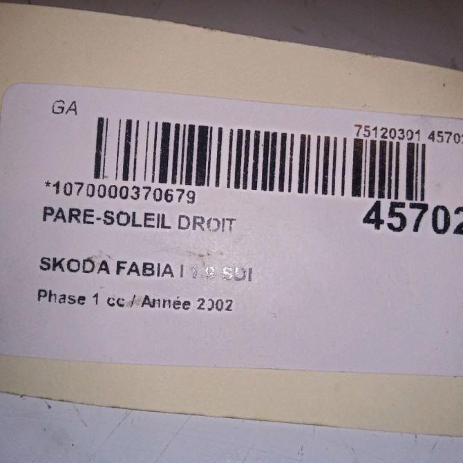 Pare-soleil droit occasion SKODA FABIA I FABIA I Phase 1 2000-04-01->2004-09-30 1.9 SDI 6Y1857552PX14 4