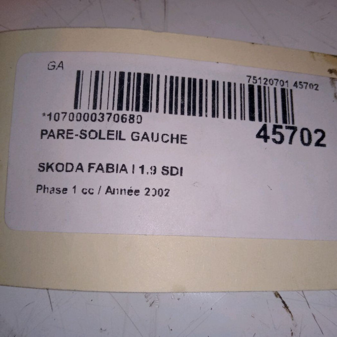 Pare-soleil gauche occasion SKODA FABIA I FABIA I Phase 1 2000-04-01->2004-09-30 1.9 SDI 6Y1857551PX14 4
