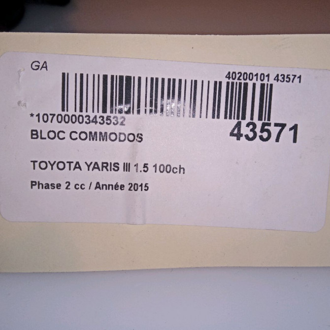 Bloc commodos occasion TOYOTA YARIS III Phase 2 06-2014->... 1.5 100ch 5