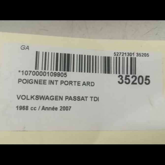 Poignee int porte ard occasion VOLKSWAGEN PASSAT V Phase 1 03-2005->10-2010 2.0 TDI 140ch 3C4839114QZNX 3